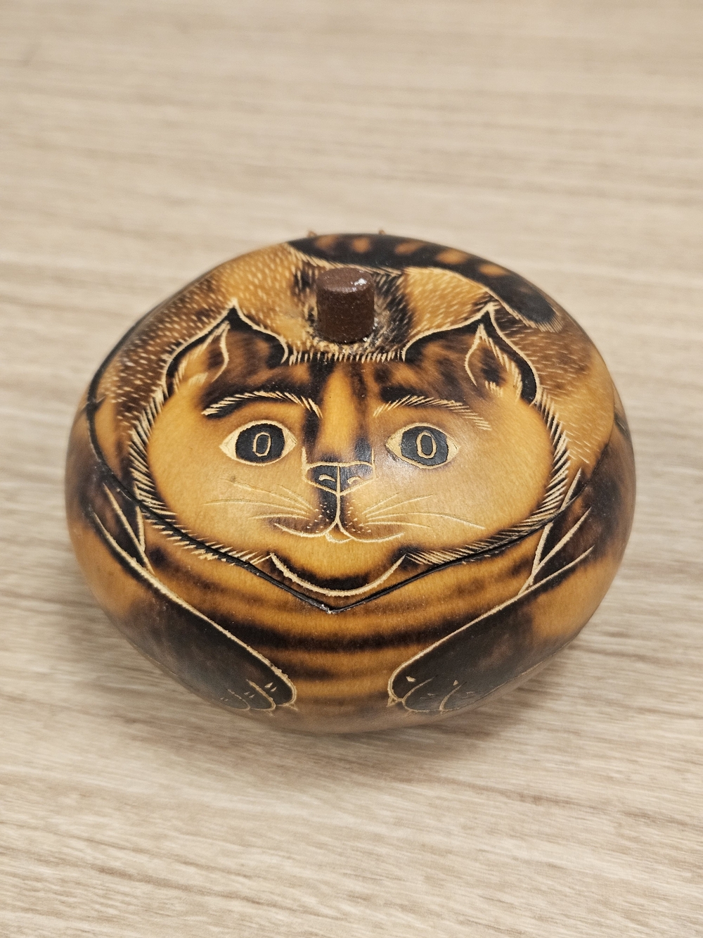 Cat Gord Hand-Carved Trinket Box in Brown 2.5" x 3"